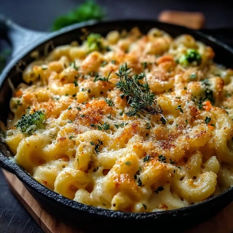 A pan of macaroni and cheese with broccoli on top.