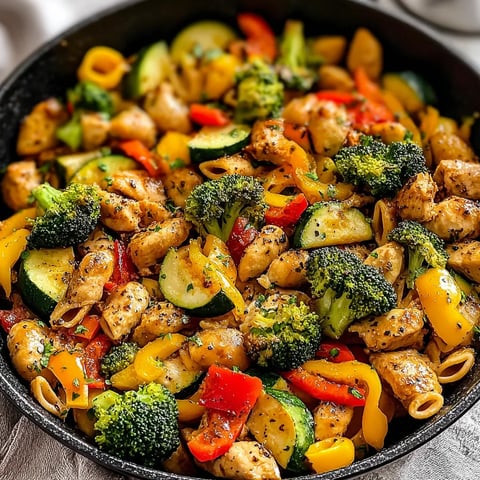 A plate of food with broccoli, peppers, and pasta.
