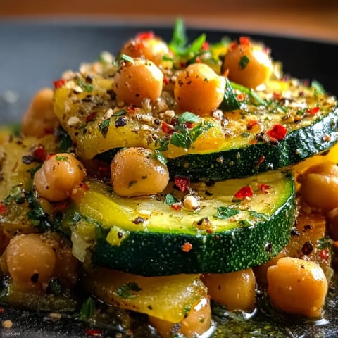 A plate of food with a zucchini and chickpeas.