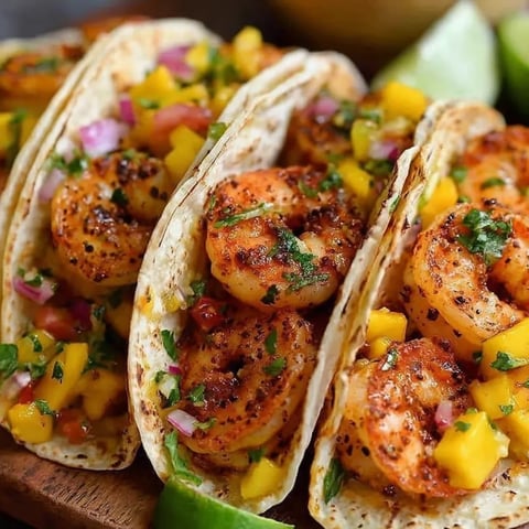 Three shrimp tacos with pineapple and onions.