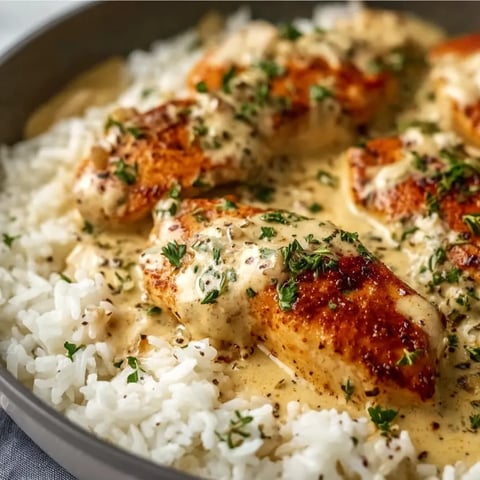 A bowl of rice with chicken and sauce.