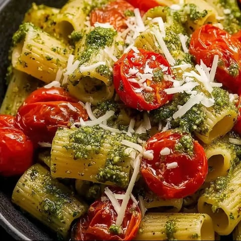 A bowl of pasta with tomatoes and cheese.