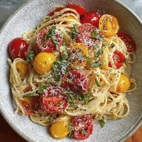 A bowl of pasta with tomatoes and basil.