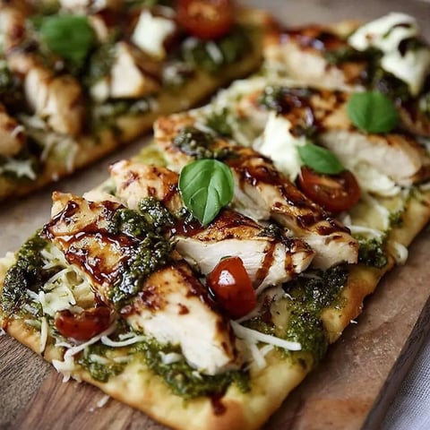 A pizza with chicken and tomatoes.