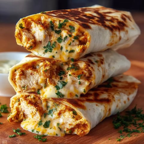 A stack of three chicken wraps.