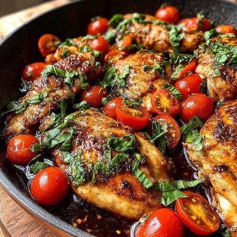 A pan of chicken with tomatoes and herbs.