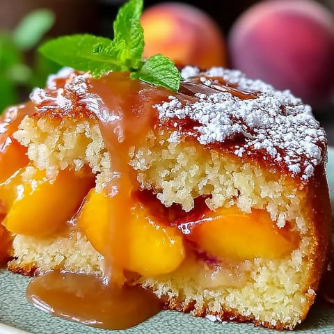 A slice of cake with peaches and mint.