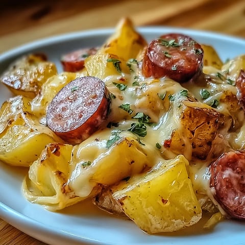 A plate of food with sausage and potatoes.