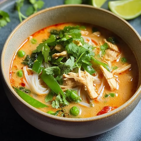 A bowl of soup with green vegetables and chicken.