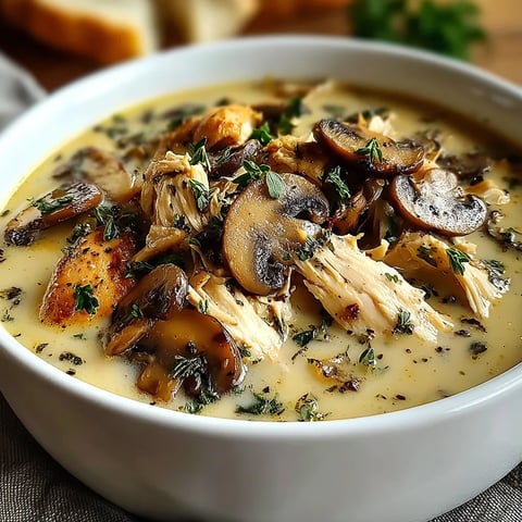 A bowl of soup with mushrooms and chicken.
