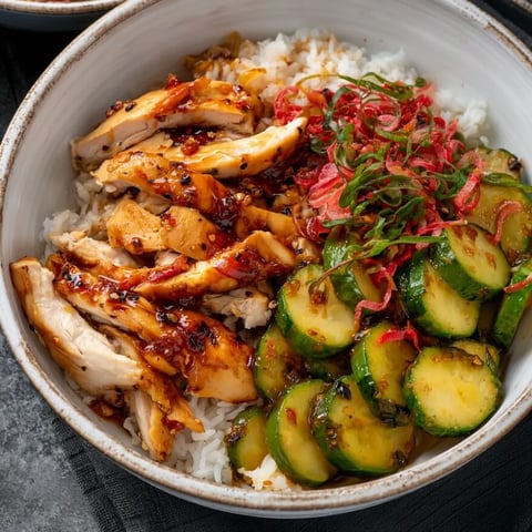 A bowl of food with rice, chicken, and vegetables.