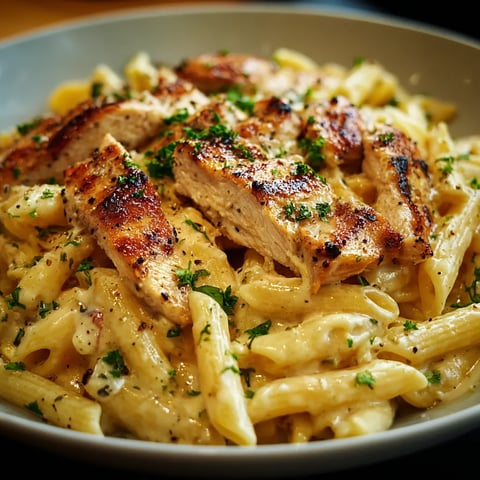 A plate of chicken and pasta.