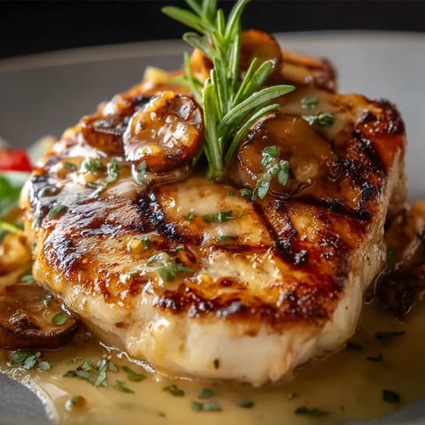 A piece of meat with mushrooms on top.