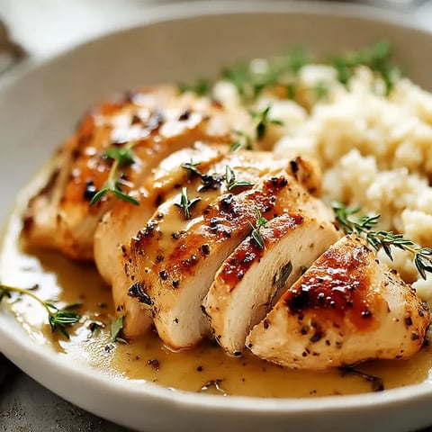 A plate of chicken with rice and herbs.