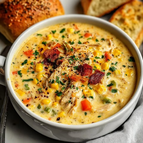 A bowl of soup with chicken and vegetables.