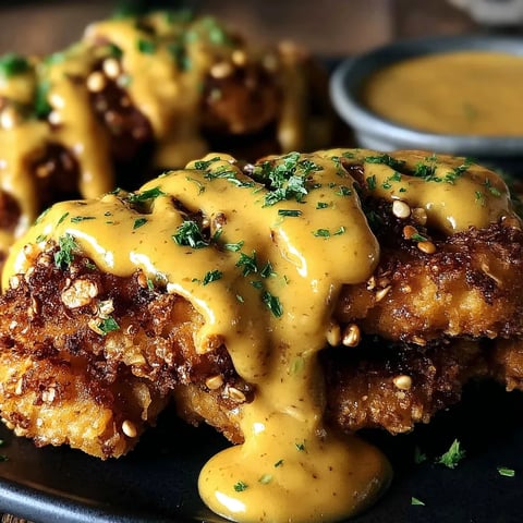 A plate of breaded chicken with a sauce drizzled over it.
