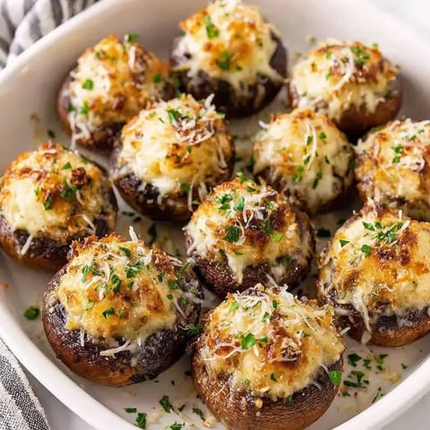 A bowl of mushrooms with cheese on top.