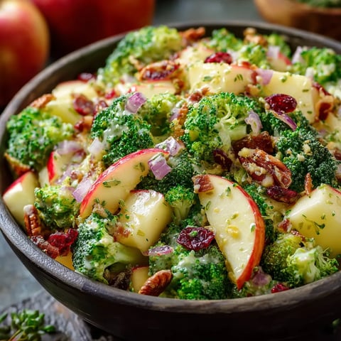 A bowl of food with broccoli and apples.
