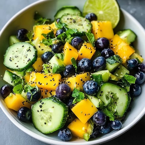 A bowl of fruit with blueberries, cucumbers, and limes.