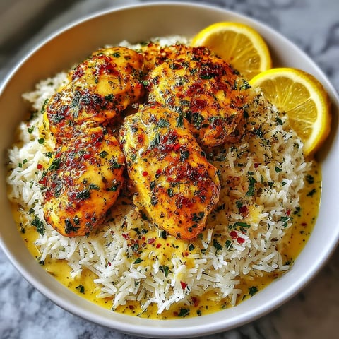 A bowl of rice with chicken and lemon wedges.