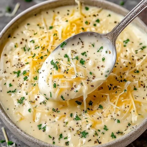 A spoonful of soup with cheese and herbs.