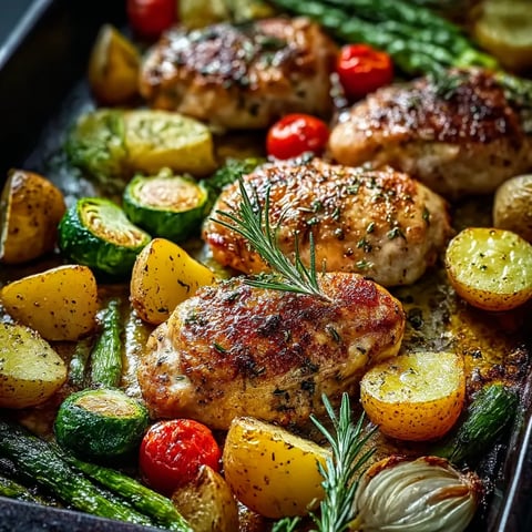 A pan of food with chicken, potatoes, and vegetables.