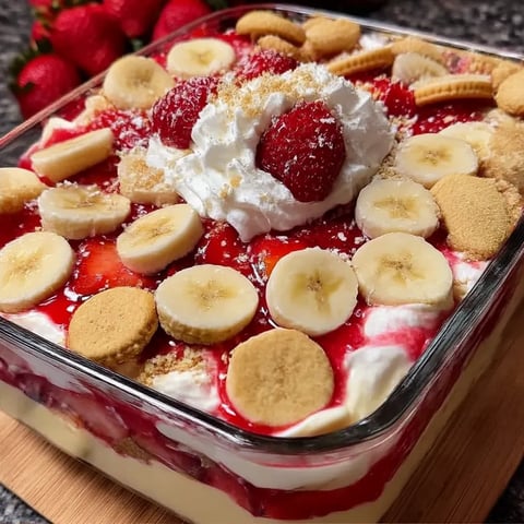 A dessert with bananas, strawberries, and whipped cream.