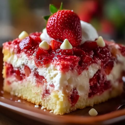 A slice of cake with strawberries and whipped cream.