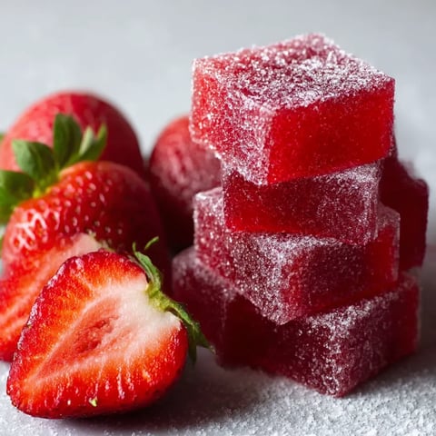 A stack of red frozen strawberries.