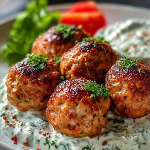 A plate of meatballs with sauce and a salad.