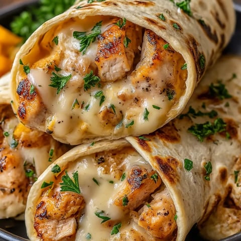 Two chicken wraps with cheese and herbs.
