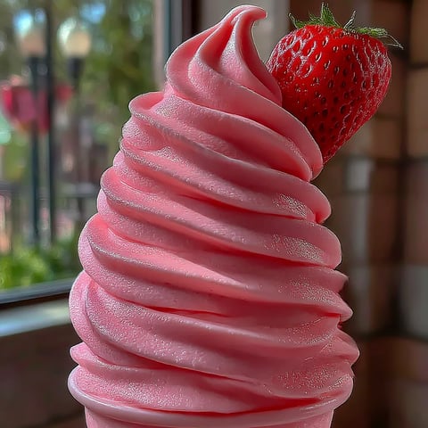 A pink strawberry ice cream cone.