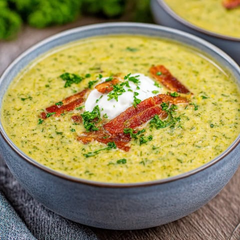 A bowl of soup with bacon and a dollop of cream.