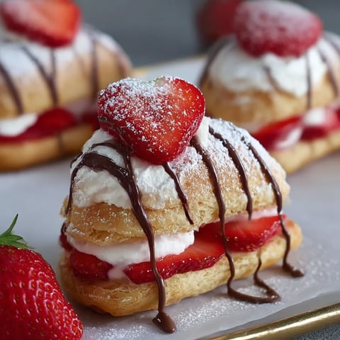 A plate of strawberry shortcake with chocolate drizzle.
