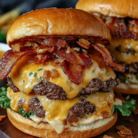 Two bacon cheeseburgers on a table.