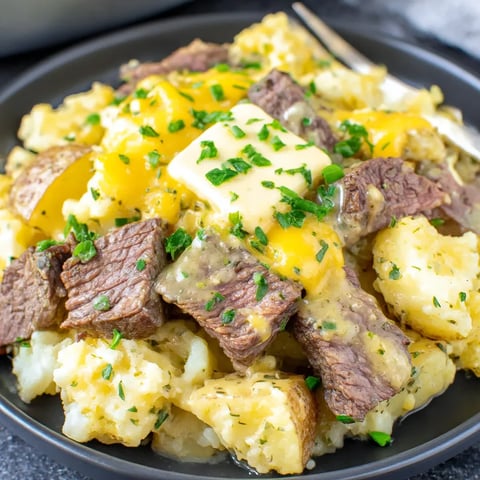 A plate of food with meat and potatoes.