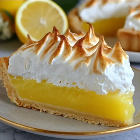 A slice of lemon meringue pie on a plate.