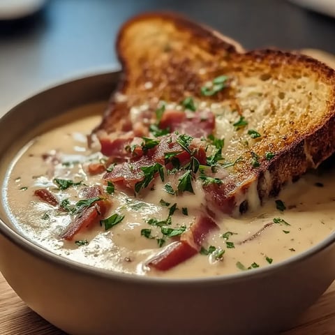 A bowl of soup with a slice of toast on top.