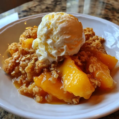 A white plate with a scoop of ice cream on top of a peach dessert.