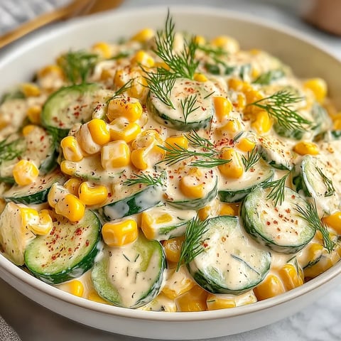 A bowl of food with corn, cucumbers, and other vegetables.
