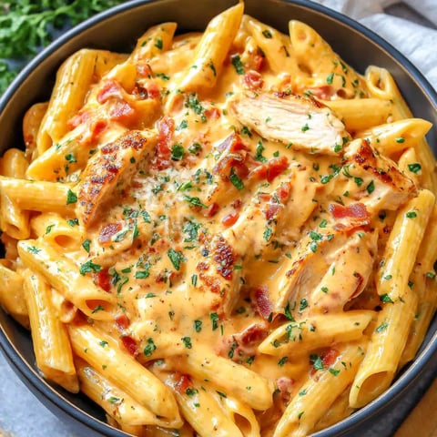 A bowl of pasta with chicken and cheese.