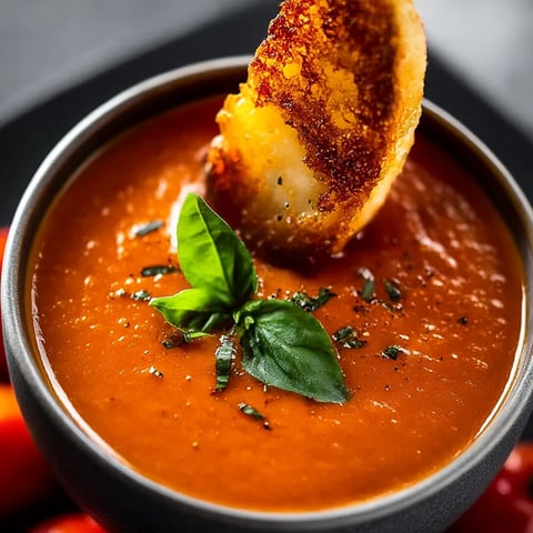 A bowl of soup with a piece of bread on top.
