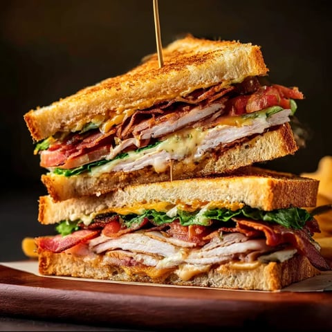 A sandwich with bacon and tomato on a wooden table.