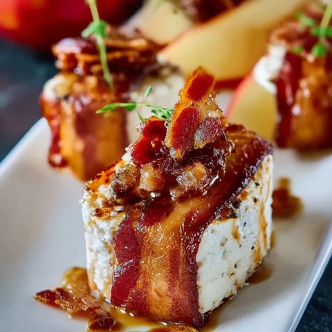 Bacon wrapped apples with sauce.