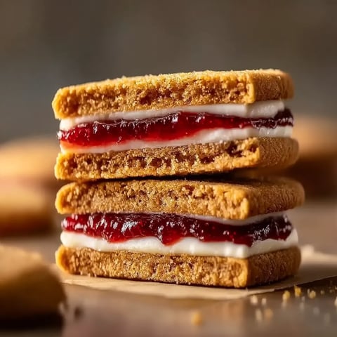 A stack of cookies with white frosting and red jam.