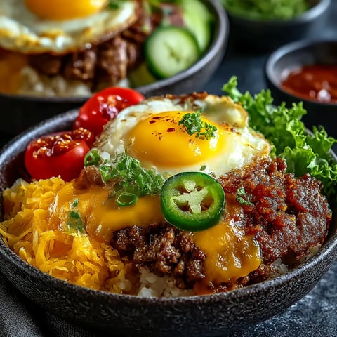 A bowl of food with a fried egg on top.