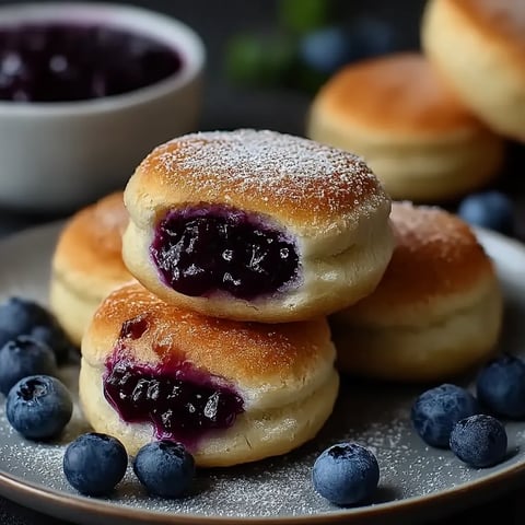 A plate of blueberry jam filled doughnuts.