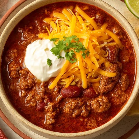 A bowl of chili with cheese and lime.
