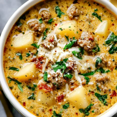 A bowl of soup with meat and potatoes.