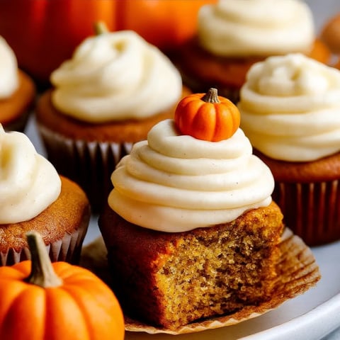 A plate of cupcakes with pumpkin and white frosting.